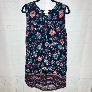 Beach Lunch Lounge Black Purple Floral Sleeveless Tunic Dress Cover Up Boho Sz L
